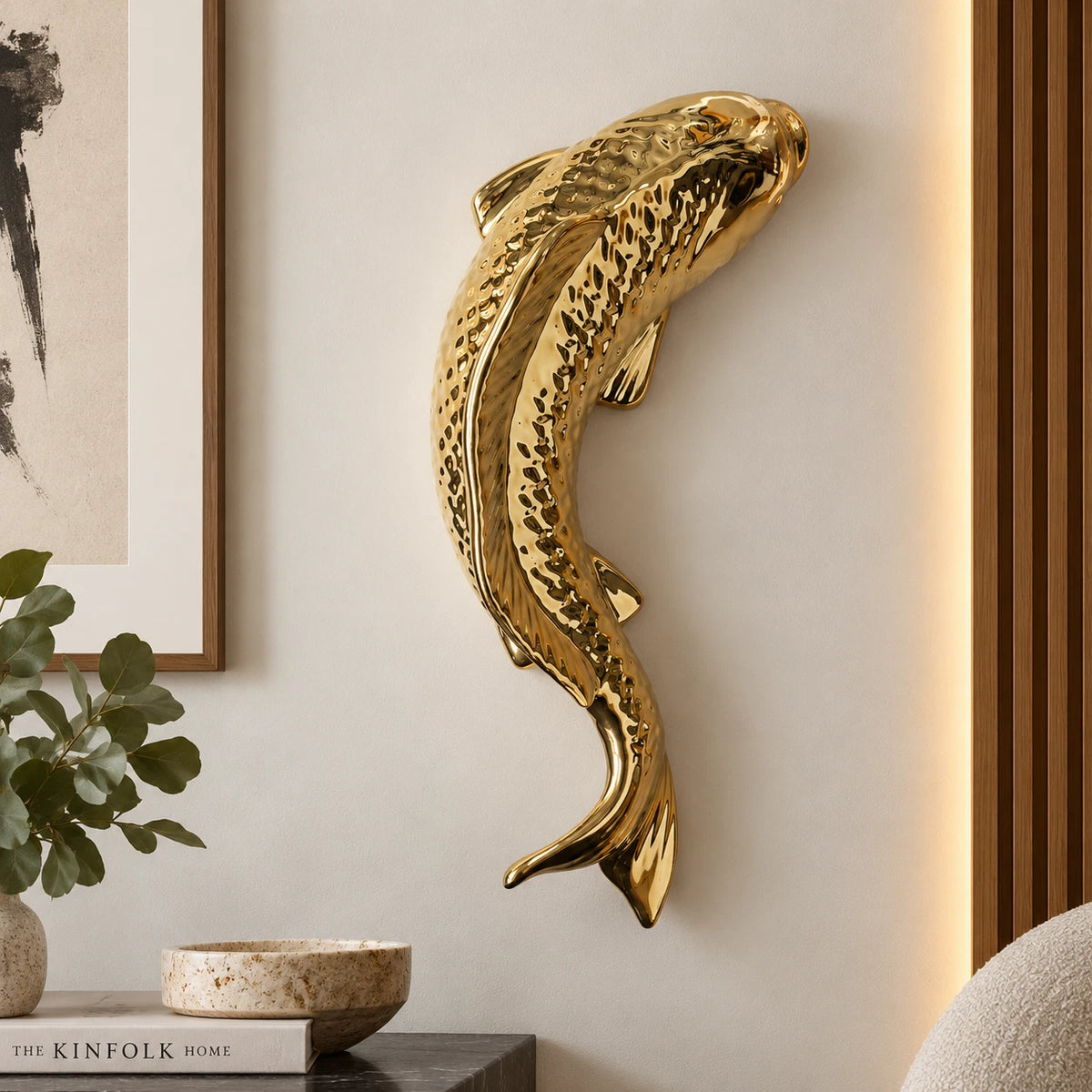 Gold ceramic koi fish ornament wall mounted