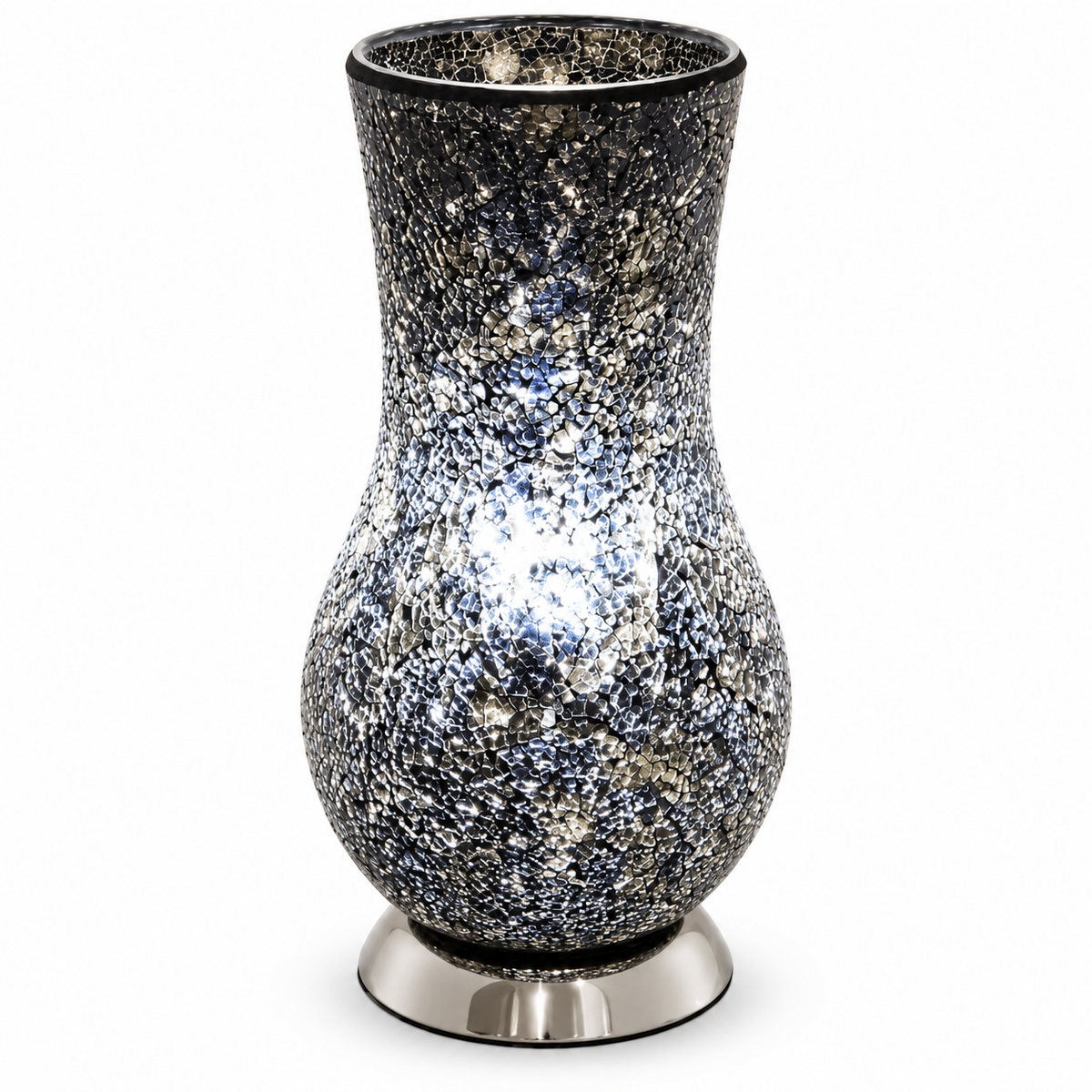 Febland LM76B black and silver crackle mosaic glass table lamp 37cm with chrome base and vase-shaped shade