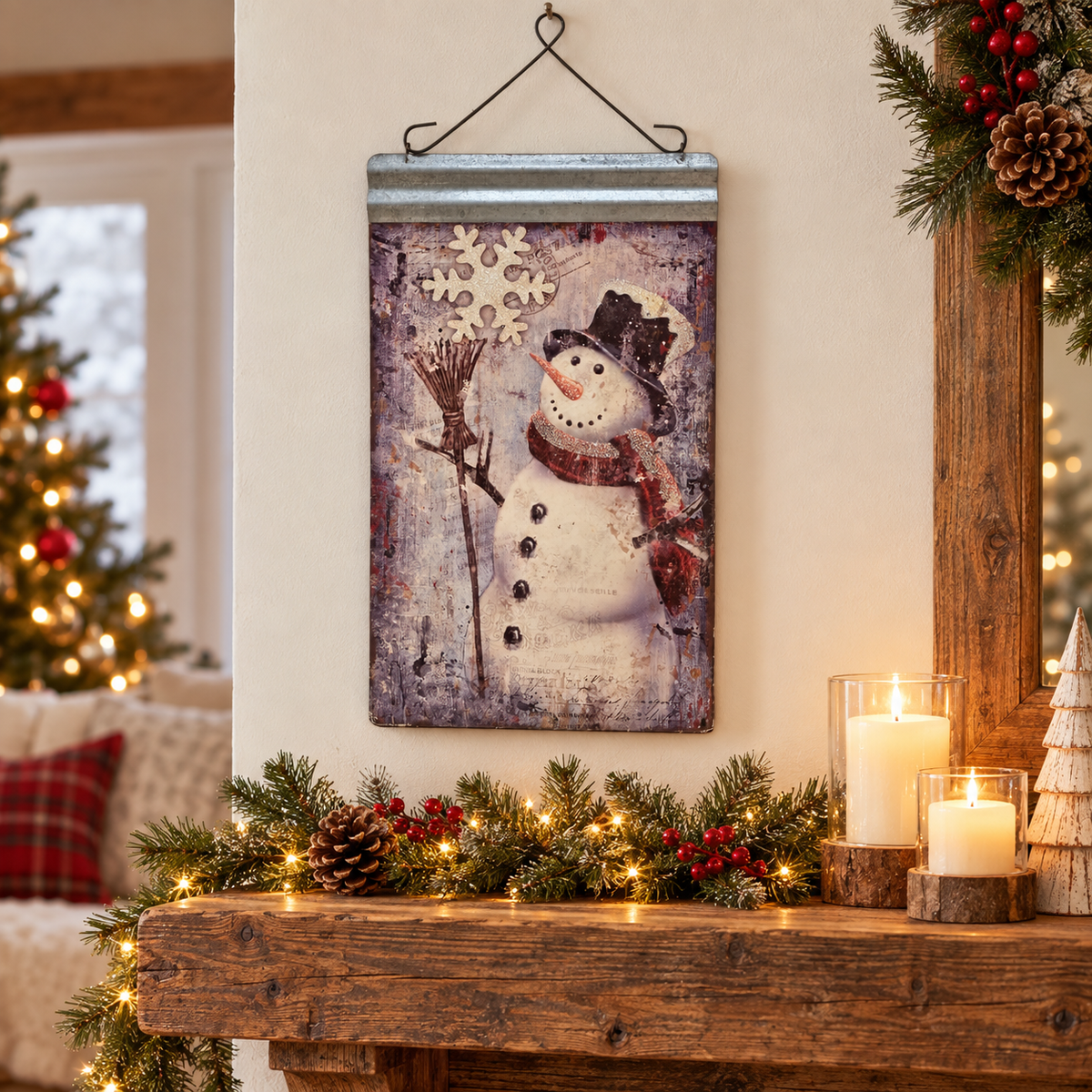 Frosty snowman metal wall hanging in a festive mantel display