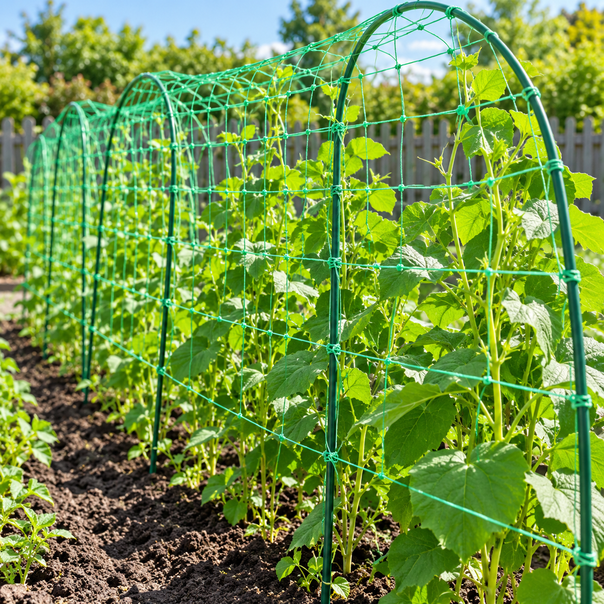 Example of green garden netting supporting climbing plants on arched trellis