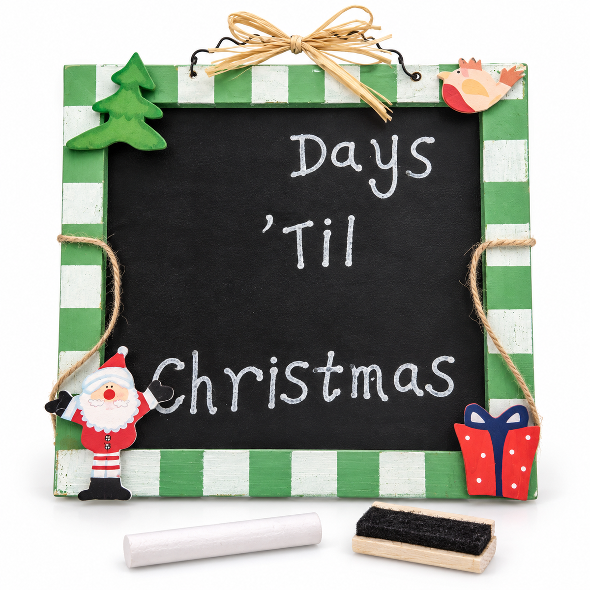 Green wooden Christmas countdown chalkboard with chalk and mini duster