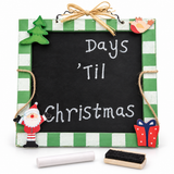 Green wooden Christmas countdown chalkboard with chalk and mini duster