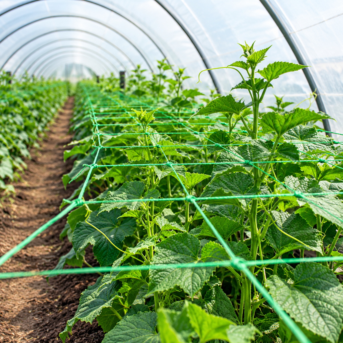Green climbing plant netting in a polytunnel greenhouse