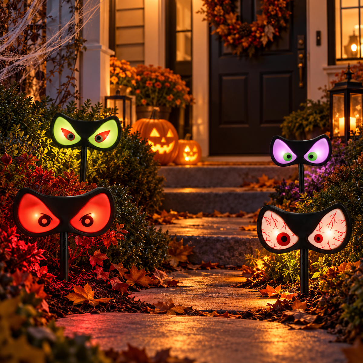 Halloween evil eyes stake lights beside front door pathway