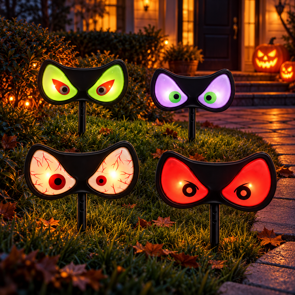 Four Halloween flashing evil eyes displayed in a garden at dusk
