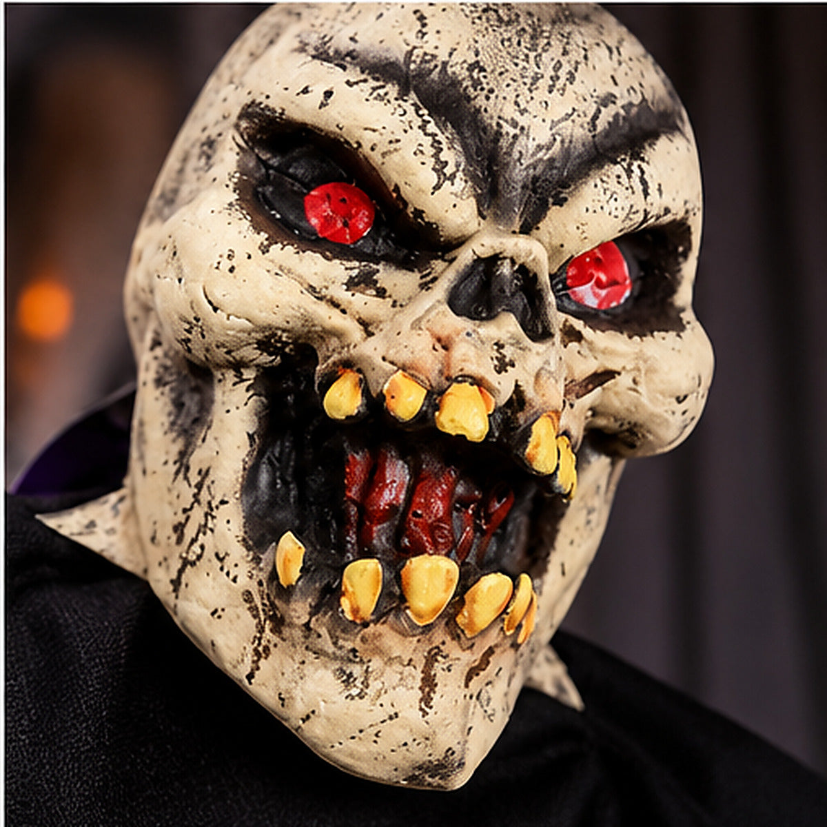 Scary Halloween hanging ghoul skull head angled detail with black cloak