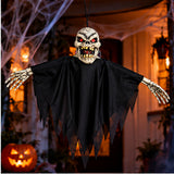 Hanging Ghoul spooky Halloween decoration suspended on a haunted porch with pumpkins