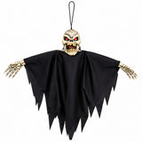 Hanging Ghoul Halloween decoration with black tattered cloak, skull face and skeletal hands on white background