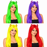 Halloween neon witch and devil wig with sequinned horns in four colours — illustrative model image