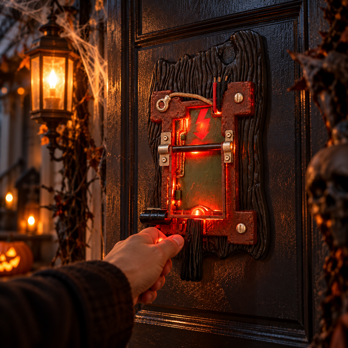 Halloween shocker door knocker on a spooky decorated entrance door, lifestyle illustration