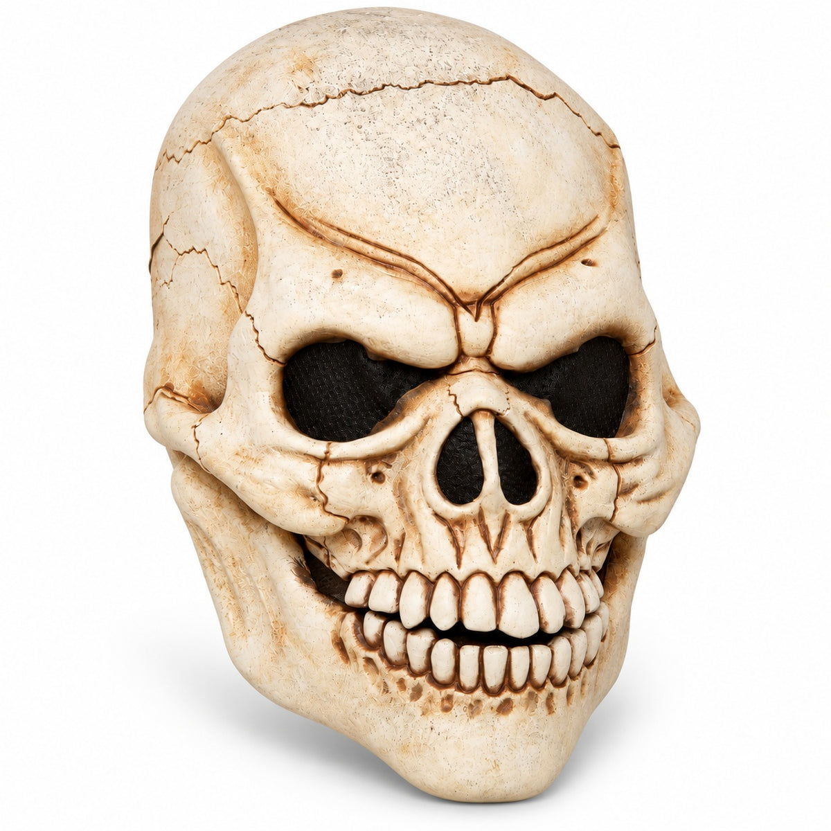 Angled view of ivory skull latex face prosthetic with aged bone detailing