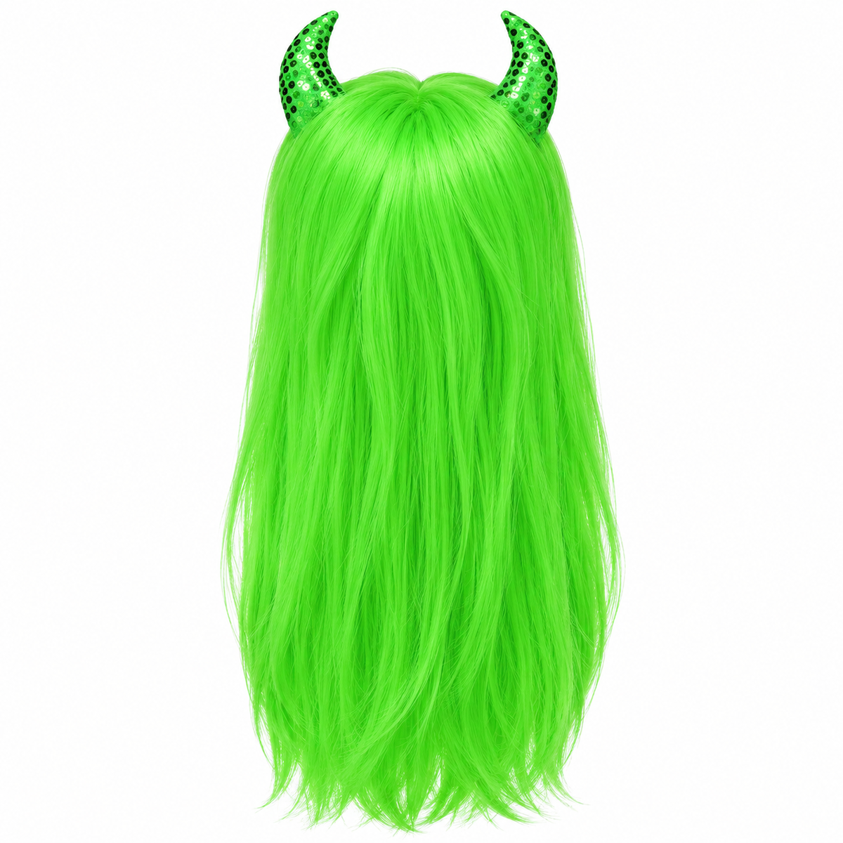 Neon green Halloween witch wig with green sequinned horns, isolated white background — illustrative