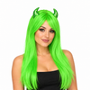 Model wearing long green Halloween wig and small sequinned horns — illustrative lifestyle image