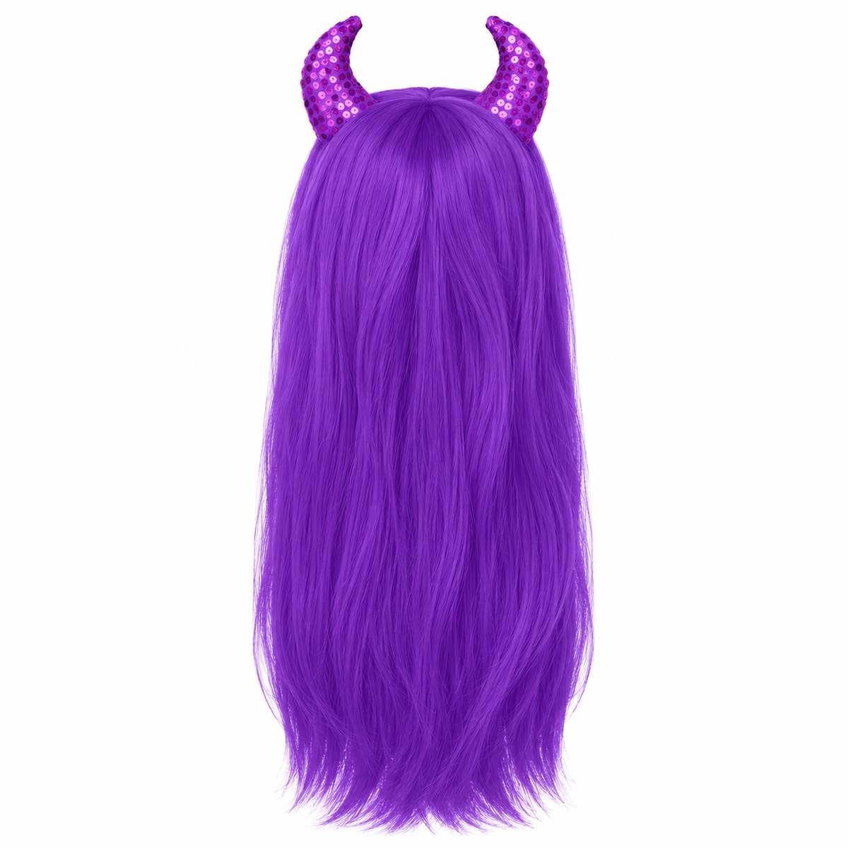 Purple Halloween devil witch wig with sequinned horns on white background — illustrative