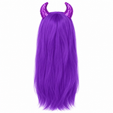Purple Halloween devil witch wig with sequinned horns on white background — illustrative