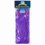 Illustrative white-background packaged Halloween wig with horns — purple