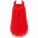 Red long Halloween devil wig with matching red sequinned horns on white — illustrative