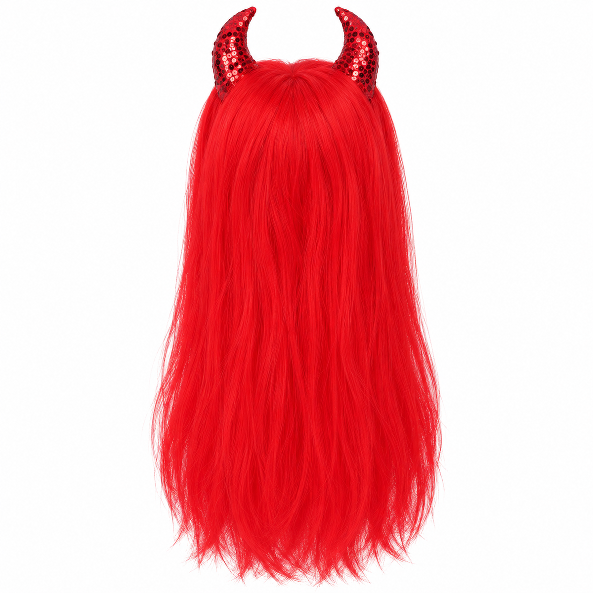 Red long Halloween devil wig with matching red sequinned horns on white — illustrative