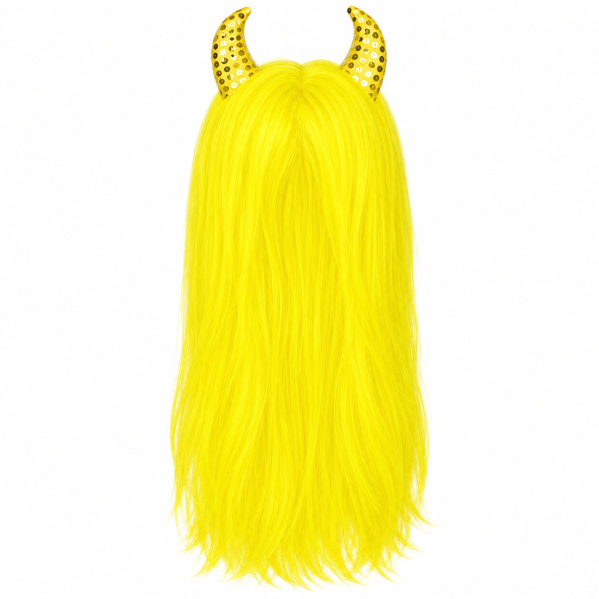 Neon yellow Halloween witch wig with gold sequinned horns isolated product image — illustrative