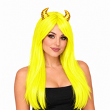 Model wearing neon yellow Halloween witch wig with sequinned horns — illustrative lifestyle image