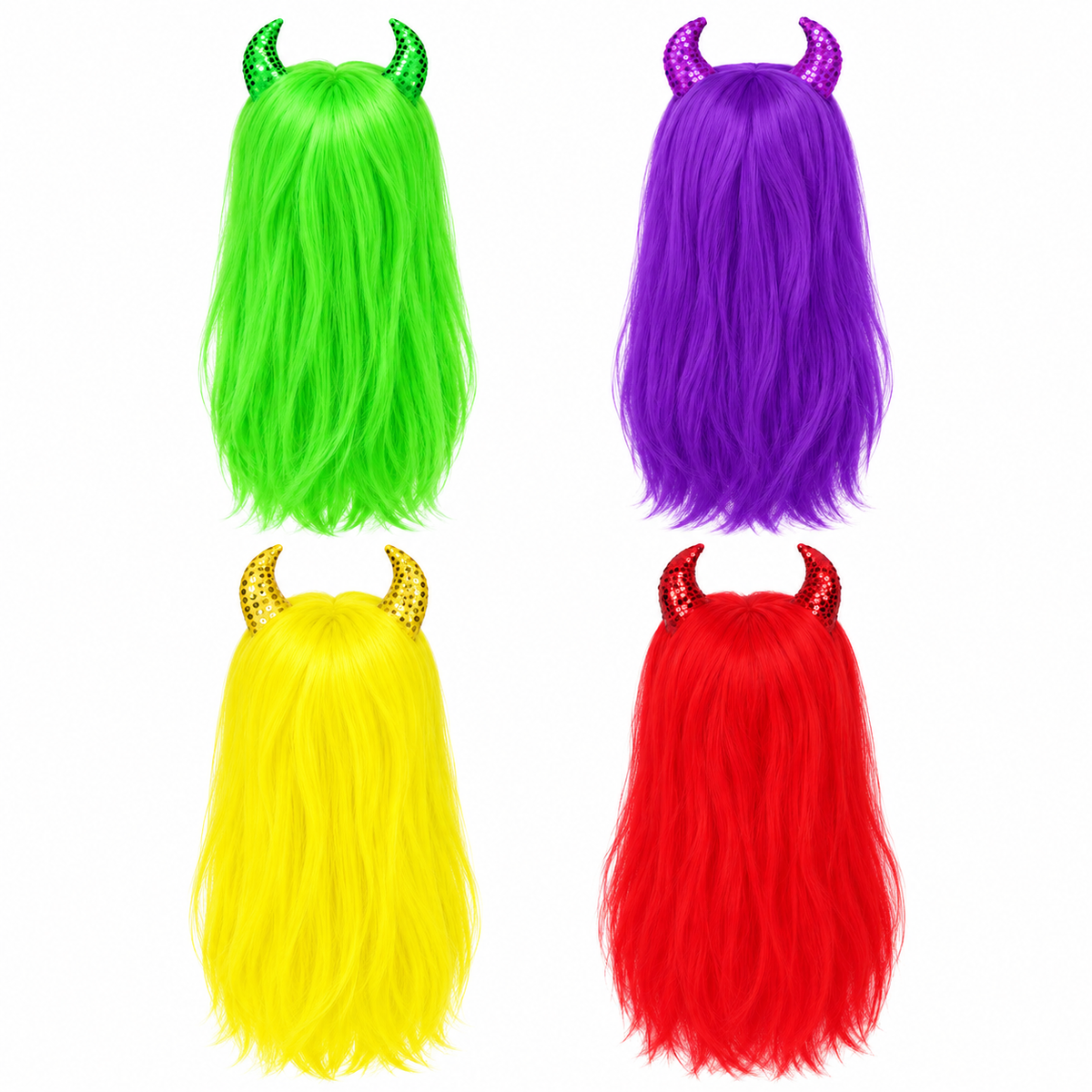 Four neon Halloween witch wigs with sequinned horns in green purple yellow and red — illustrative colour selection image