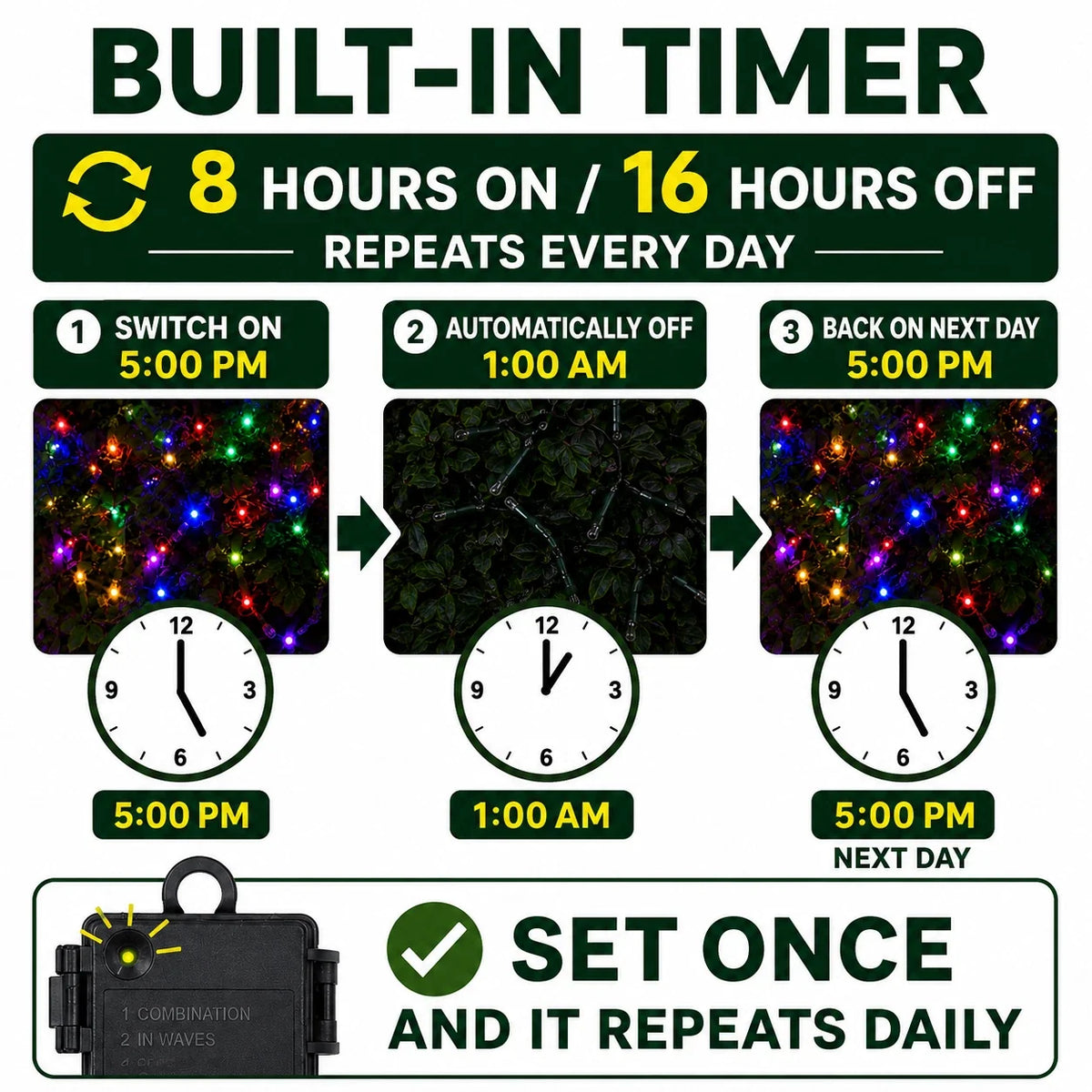 Built in 8 hour timer and 16 hour off function