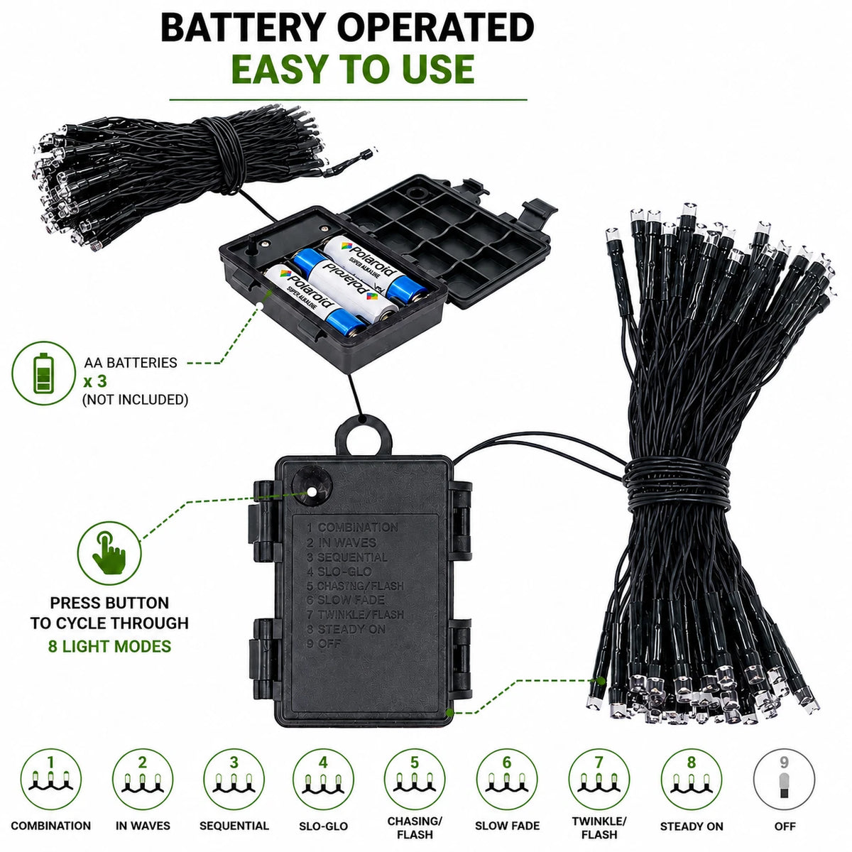 Battery operated Christmas lights controller and 8 light modes