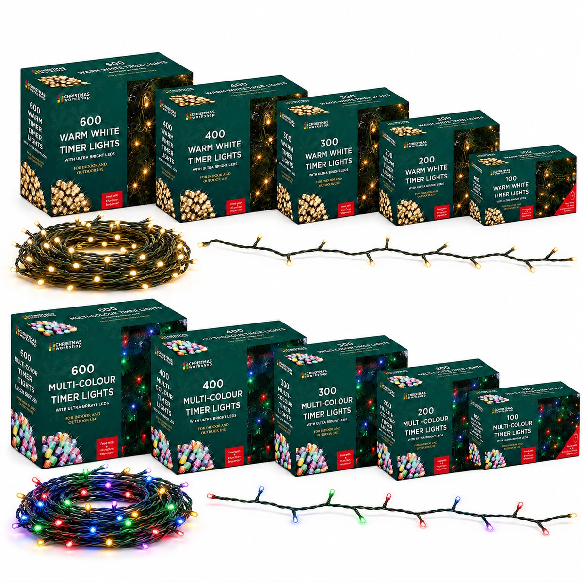Battery timer Christmas lights full range warm white and multi colour