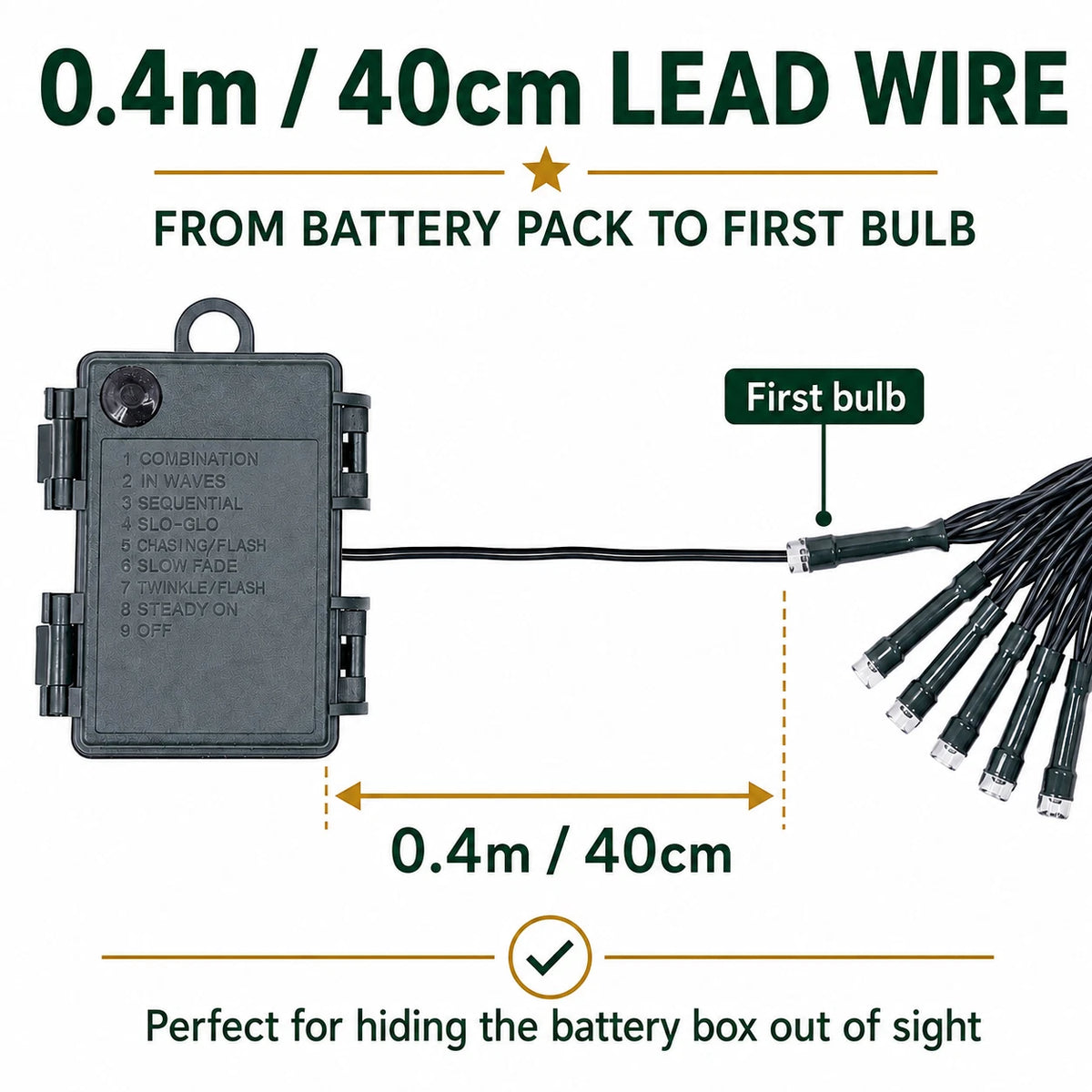 40cm lead wire from battery box to first bulb