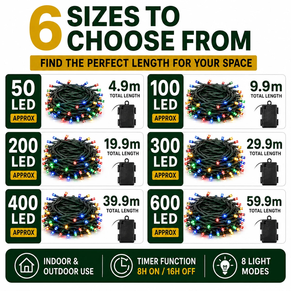 Multi coloured battery timer Christmas lights size guide 50 to 600 LED