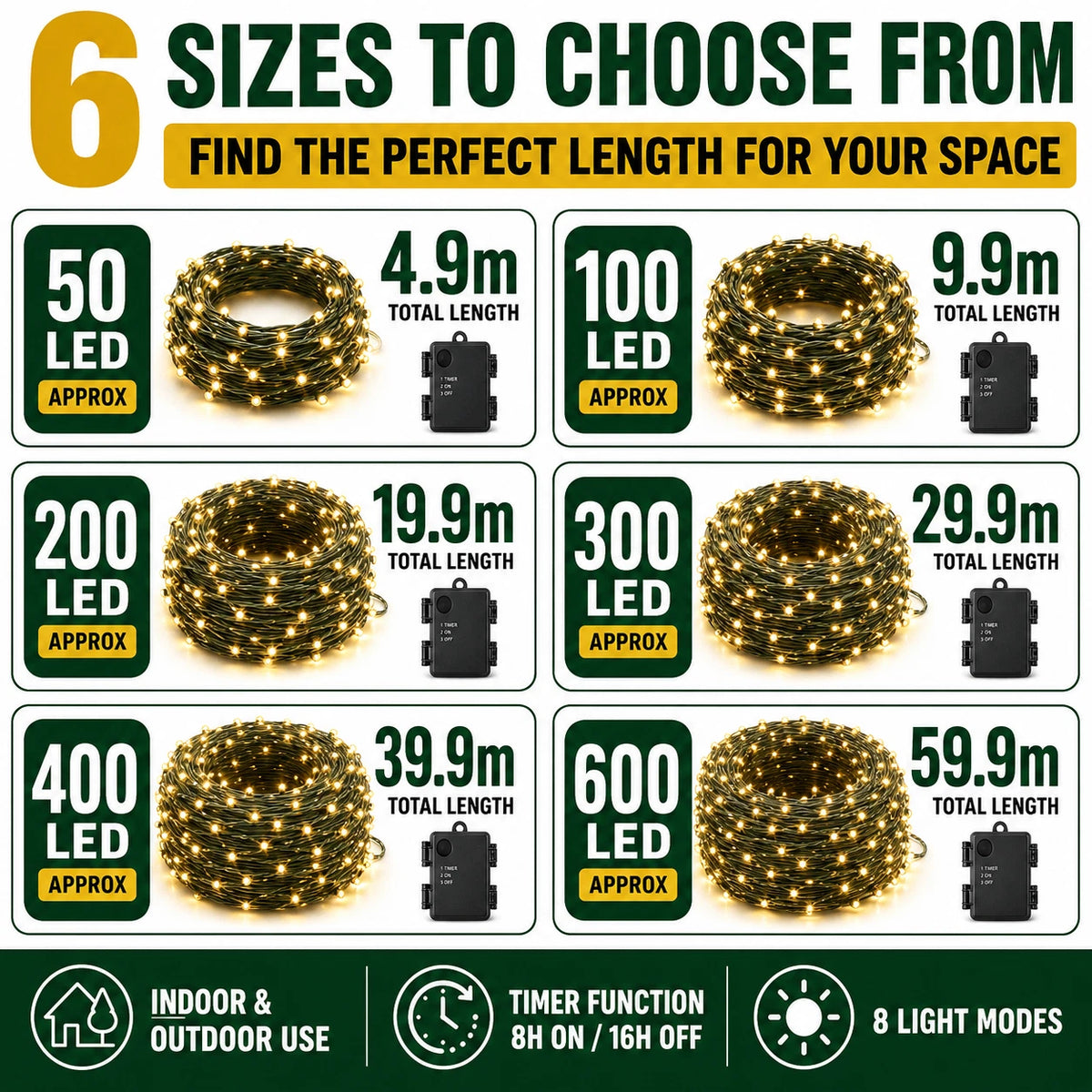 Warm white battery timer Christmas lights size guide 50 to 600 LED
