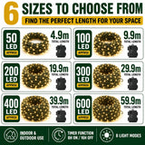 Warm white battery timer Christmas lights size guide 50 to 600 LED