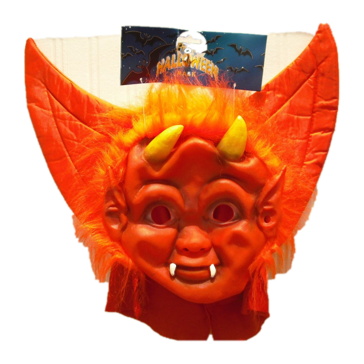 Children's Red Devil Halloween Mask with Hair on a clean white square background