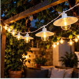 Garden party illustration featuring white pendant style warm white lights