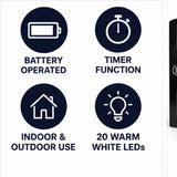Battery operated timer 20 warm white LEDs feature graphic