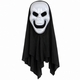 Kids white glow-in-the-dark skeleton mask with black head drape, front view on white