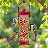 Illustration of wild birds feeding at hanging Kingfisher peanut feeder, peanuts not included