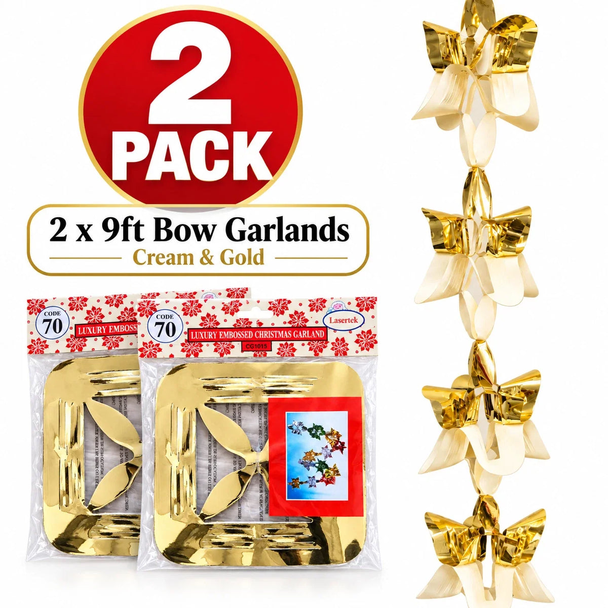 LaserTek cream and gold foil Christmas garlands and ceiling decorations – product view 5