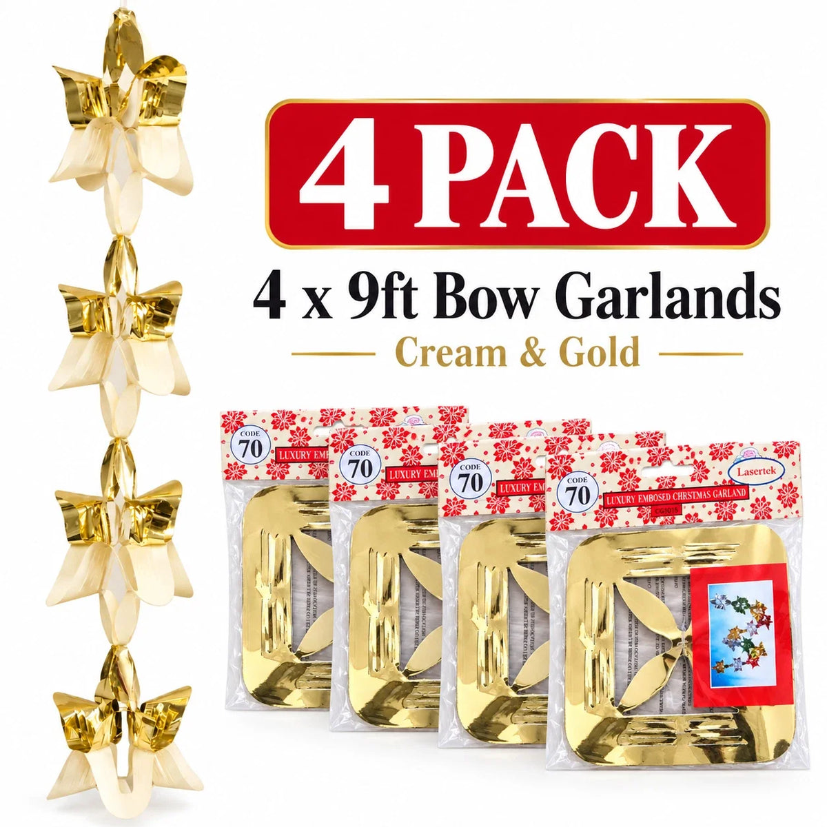 LaserTek cream and gold foil Christmas garlands and ceiling decorations – product view 6