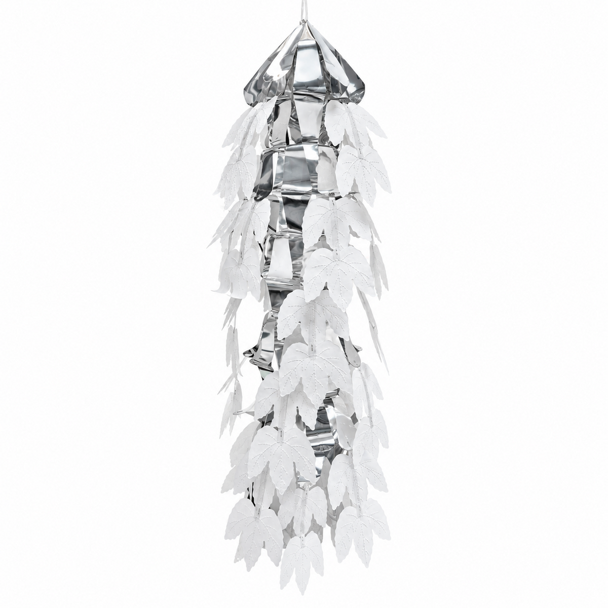 LaserTek silver and white 3-way foil Christmas lantern leaf cascade hanging vertically on white background
