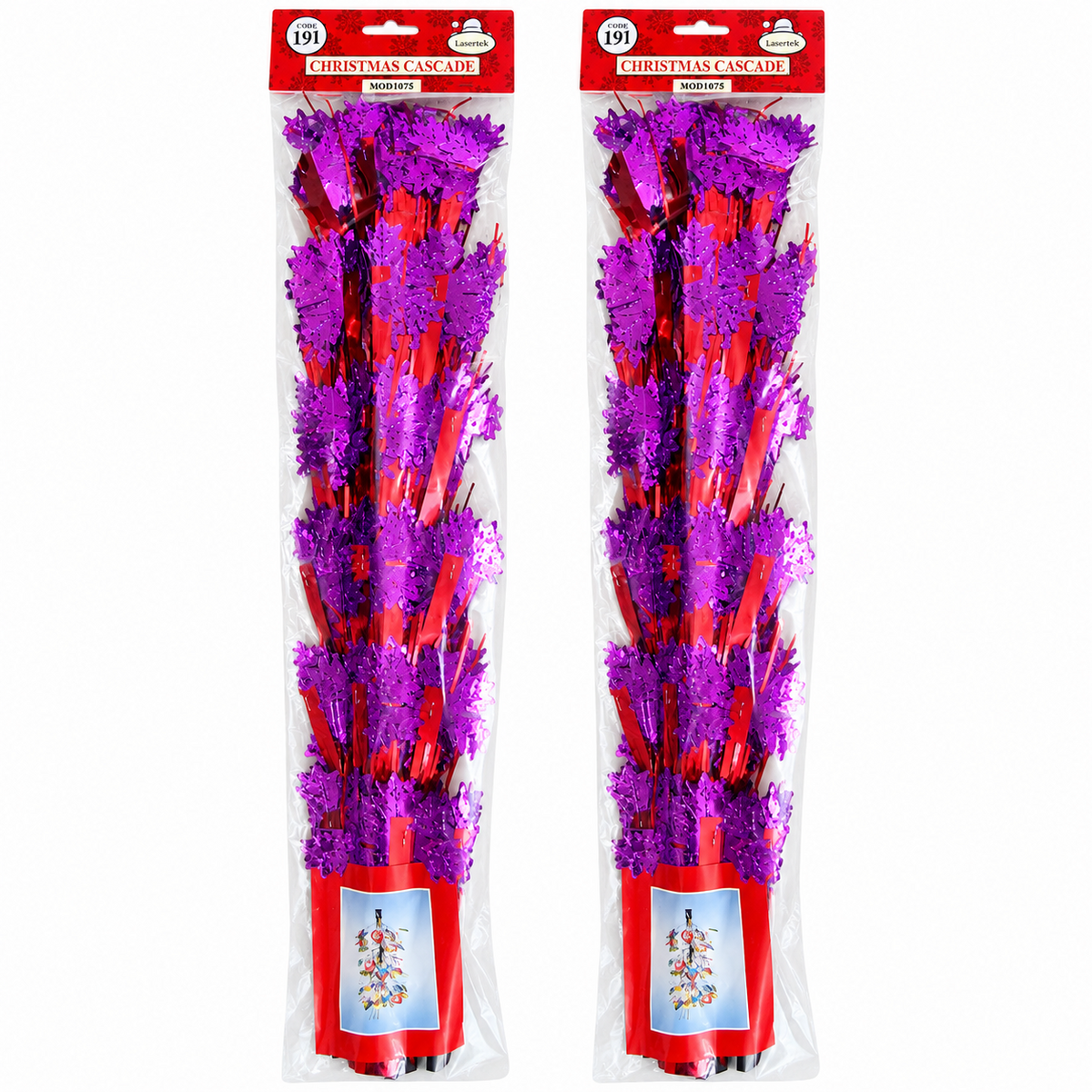 Two red and purple long Christmas foil cascade packs