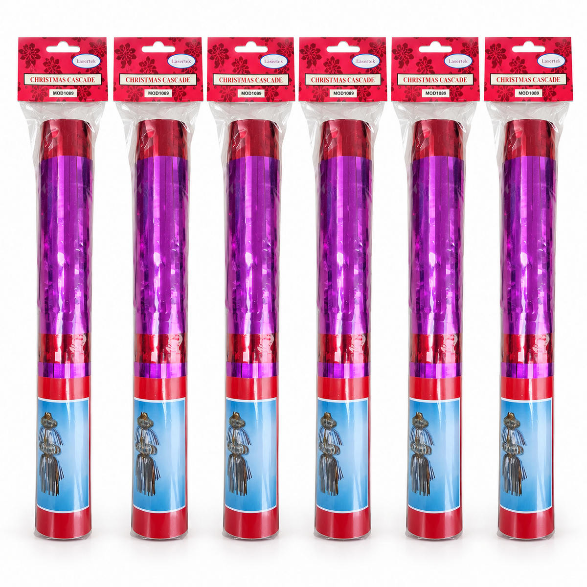 Six red and purple hanging Christmas foil tassel packs