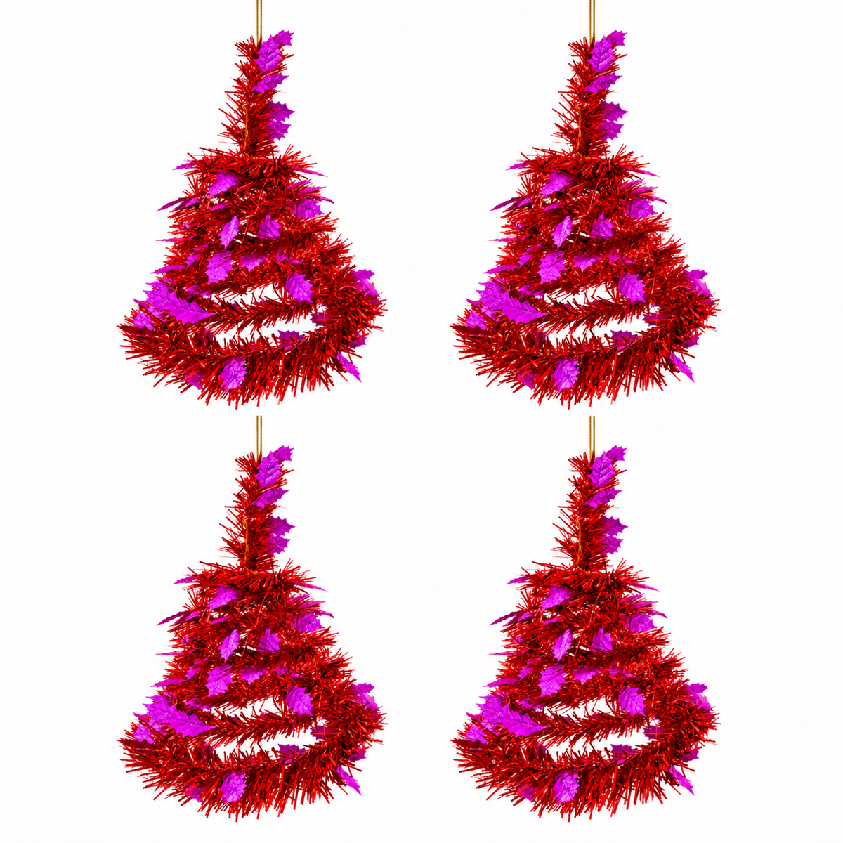 Four red and purple hanging foil Christmas trees