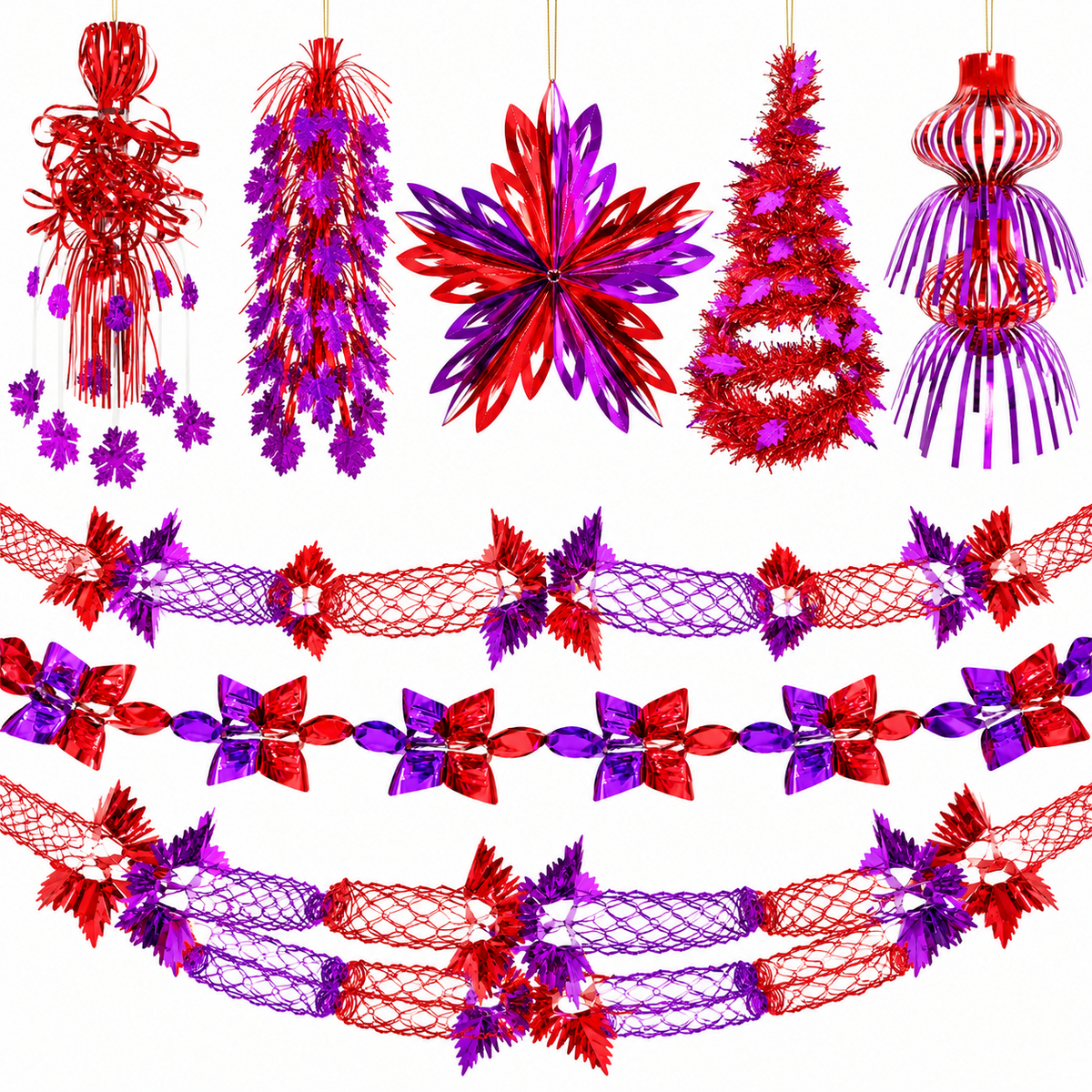 Red and purple foil Christmas ceiling decorations eight designs
