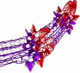 Close up of red and purple Christmas mesh ceiling garland