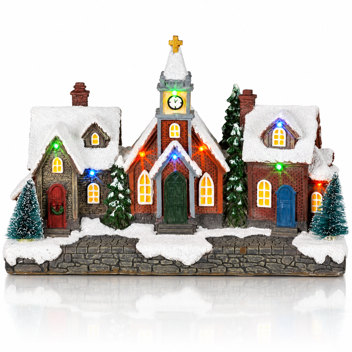 LED Christmas village street scene with snowy houses and church front view