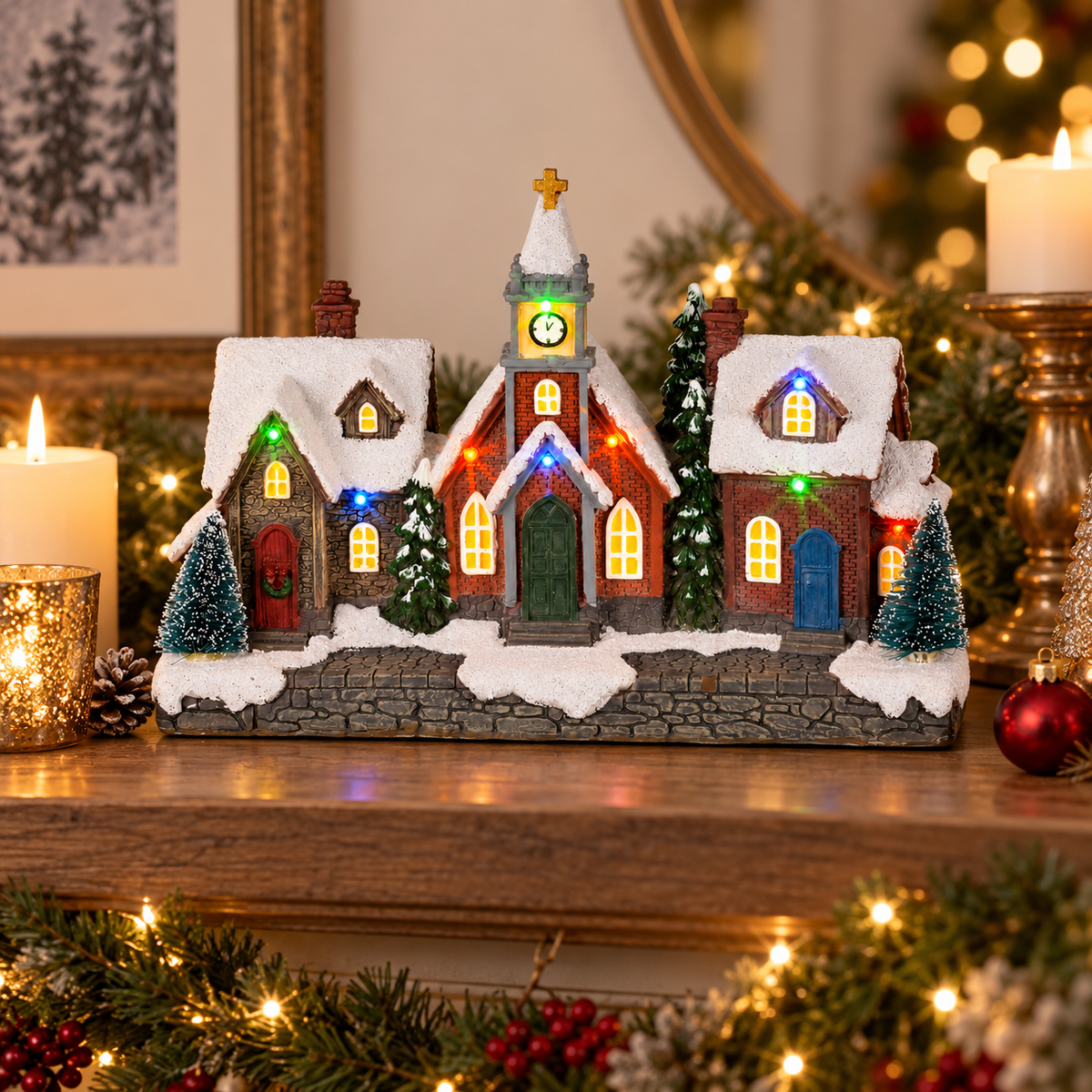 LED Christmas village street scene illuminated in a festive display