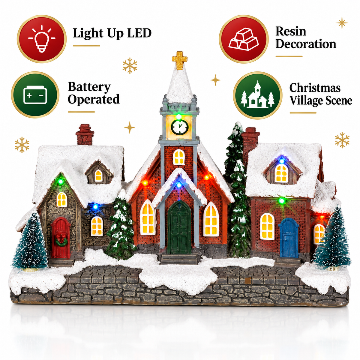 LED Christmas village street scene in a festive mantel display
