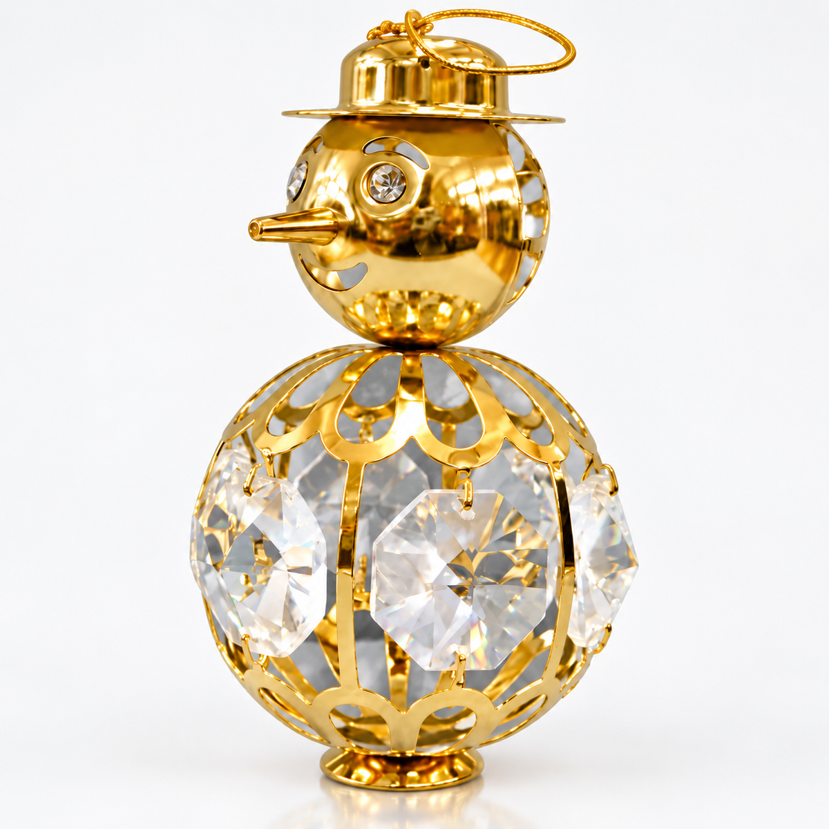 Close-up detail of Leonardo gold-plated snowman with crystal decoration