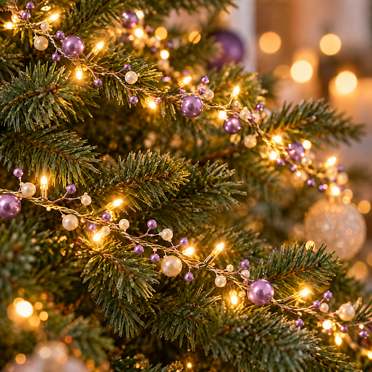 Lilac and white pearl warm white LED garland displayed on a Christmas tree